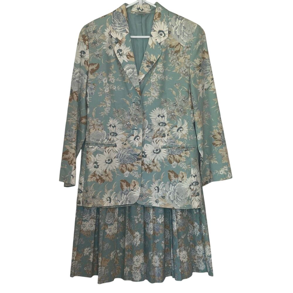 Laura Ashley Vtg Floral Suit 8 Cottagecore Blazer Midi Skirt Blue 90s Pleats